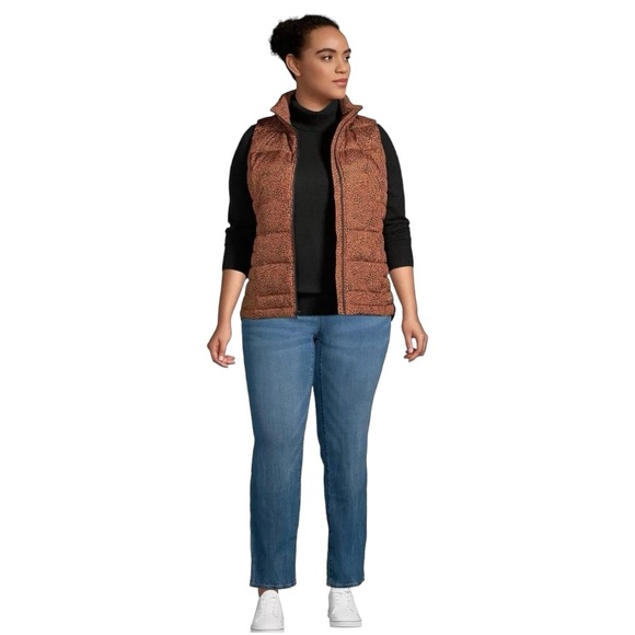 Lands’ End Down Puffer Vest Caramel Leopard Print Like New - Picture 4 of 16